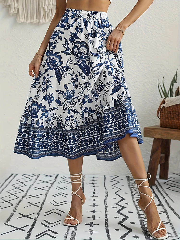 New into the explosion of women\'s fashion new summer casual ruffled celadon random print half-body skirt