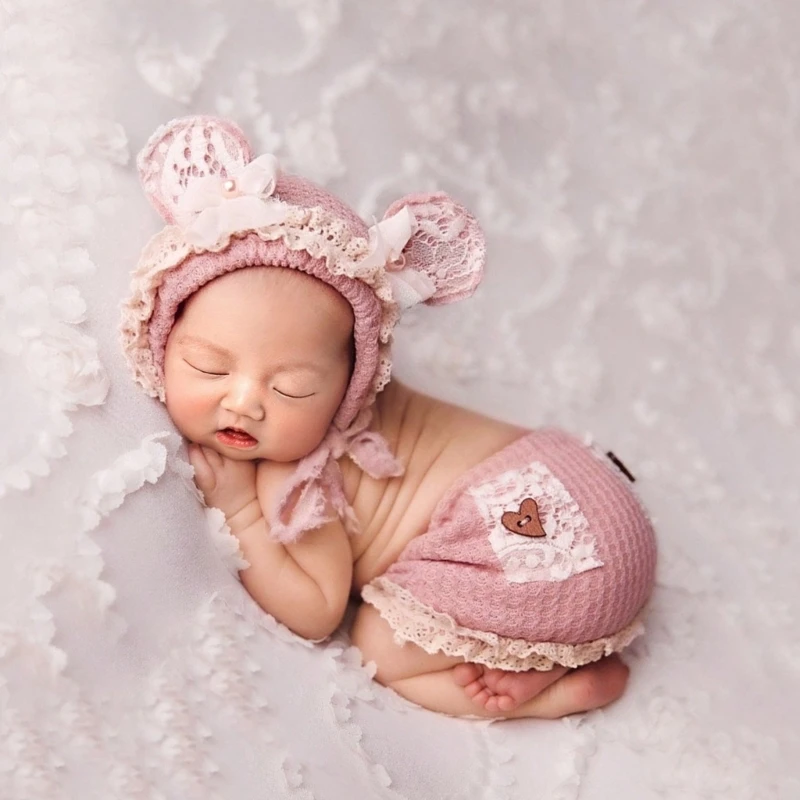 2pc Pink Color Newborn Girl Photography Outfits Bow Bear Ears Hat and Heart Buttons Mini Skirt Set Infant Photography Props