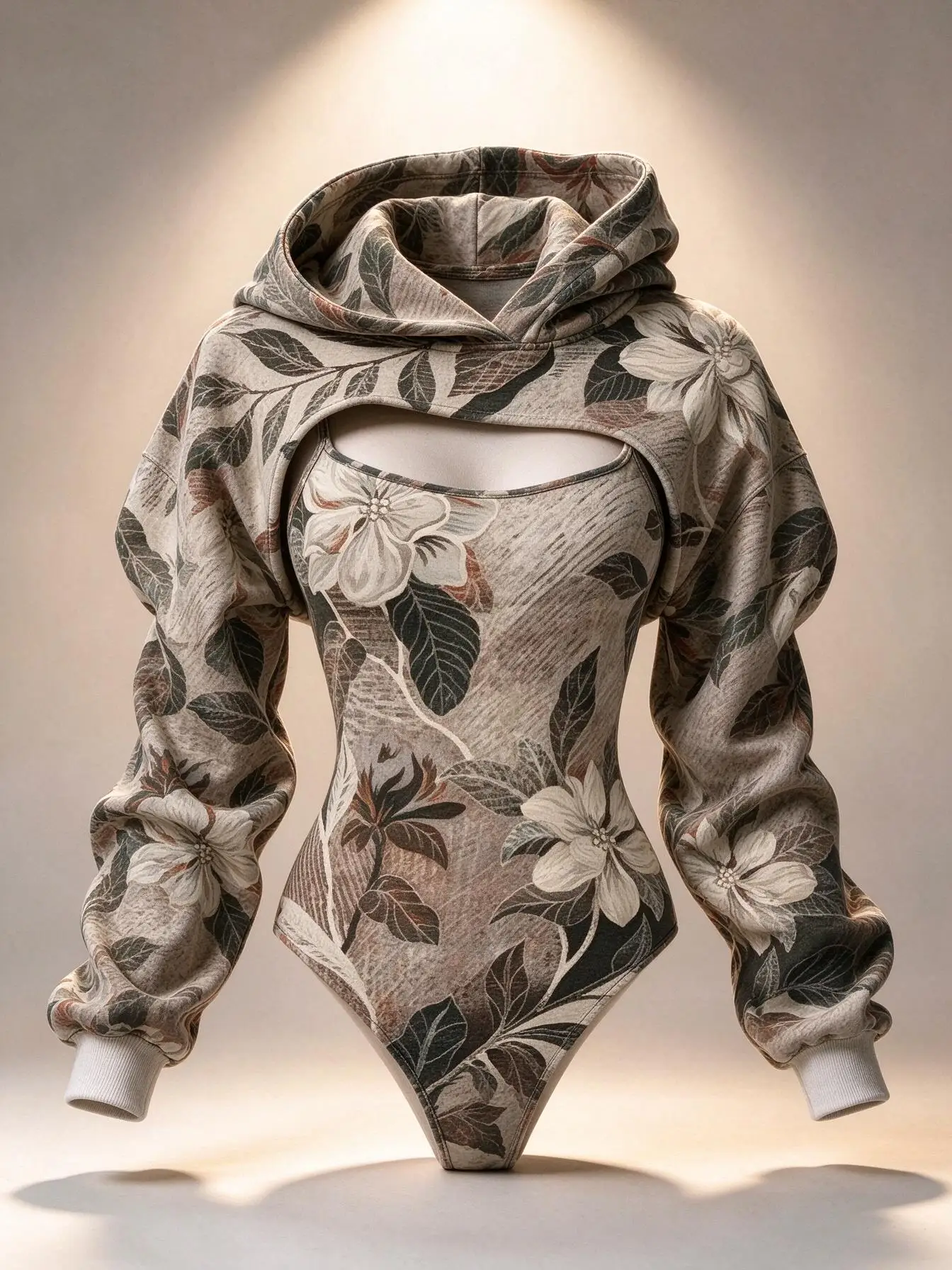 Stylish Patchwork Leaf Print Women 2Pcs Tops, Long Sleeve Cropped Hooded Shrug and Slim Bodysuit