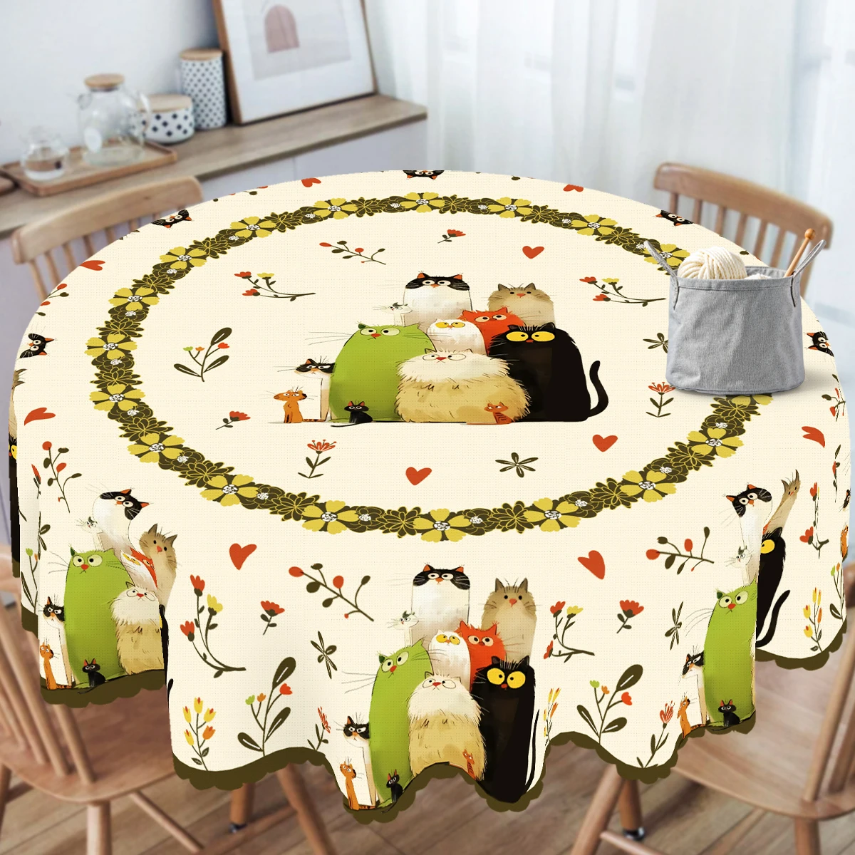 1 Piece, Round/Visect Polyester Tablecloth, Colorfulful Cute Cartoon Cat, Retro Flower Garland Heart Pattern, for Home Kitchen, Living Room Dining Table Balcony Coffee Table, Holiday Party Holiday Table Decoration Tablecloth, Outdoor Picnic Decoration, Coffee Table Desktop Decoration Tablecloth Table Cover, Perfect Holiday Gift, Spring, Summer and Autumn and Winter Decorative Tablecloth - Printing-018