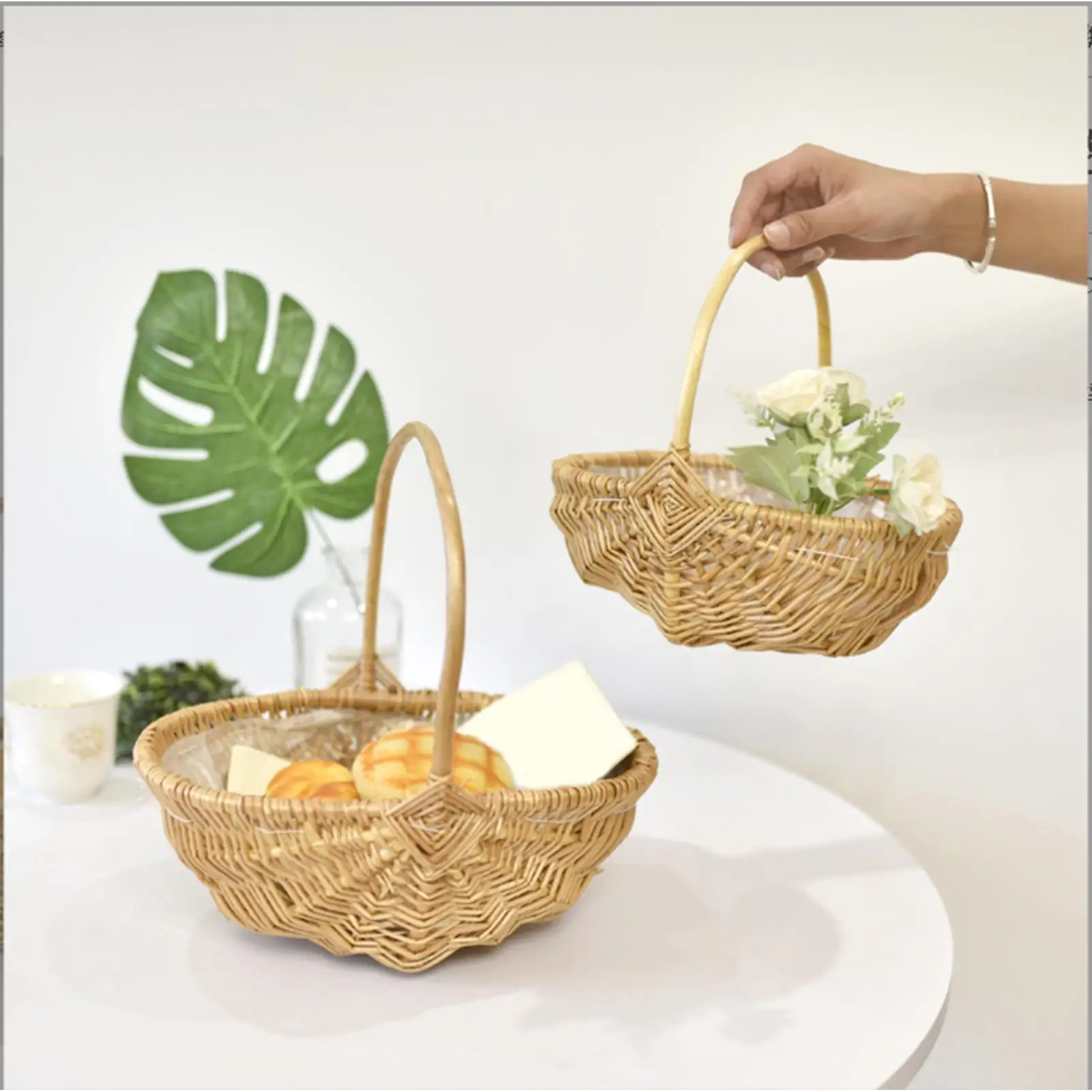 

Плетеная свадебная корзина из ротанга ивы, большая коробка для хранения с ручкой, прочные корзины с цветочным узором для девочек, домашний контейнер для пикника