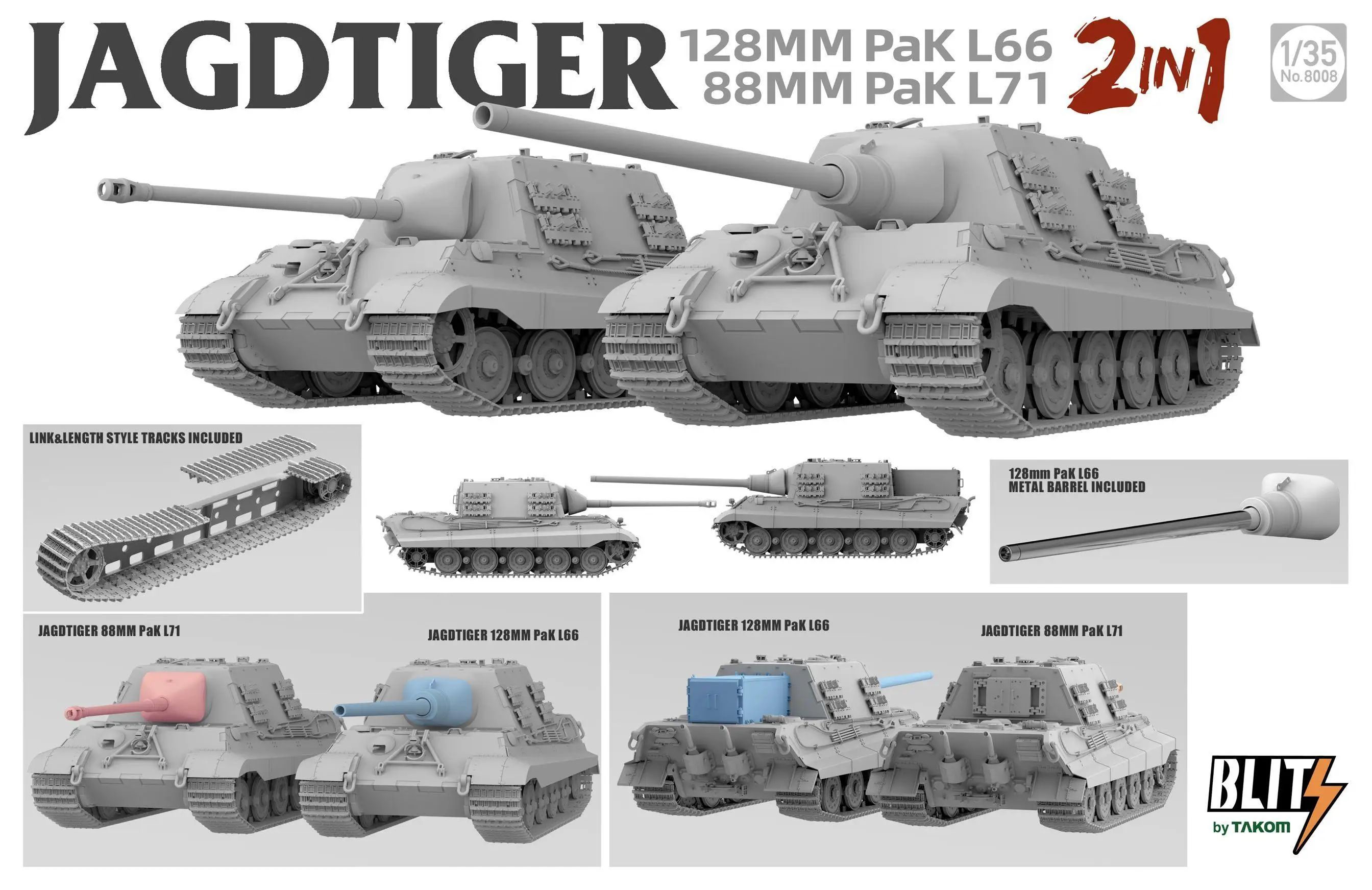 Takom 8008 1/35 Scale JAGDTIGER 128mm Pak L66 & 88mm Pak L71 (2 in 1)