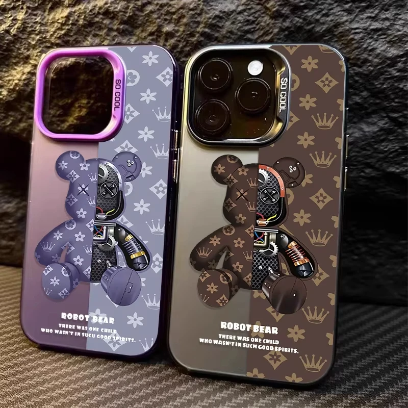 Luxo retro robô urso padrão caso de telefone para iphone 17 pro 16 15 14 13 12 11 pro max 16 plus 16e 17 ar à prova de choque capa traseira