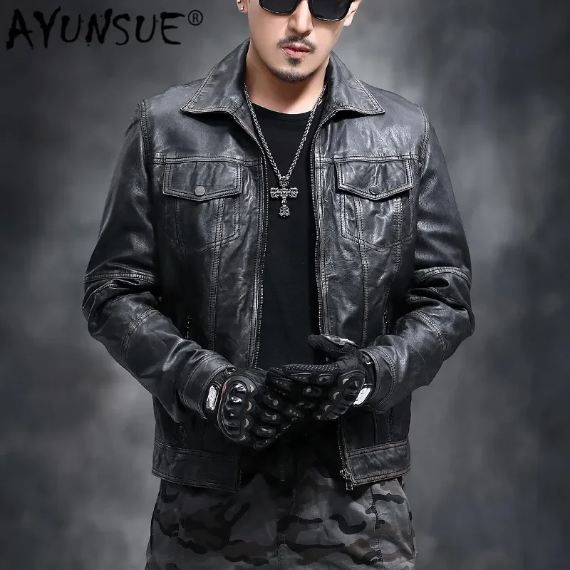 

AYUNSUE Real Genuine Leather Jacket Men Sheepskin Leather Coat Motorcycle Jacket Man Vintage Slim Fit Biker Men Leather Jackets