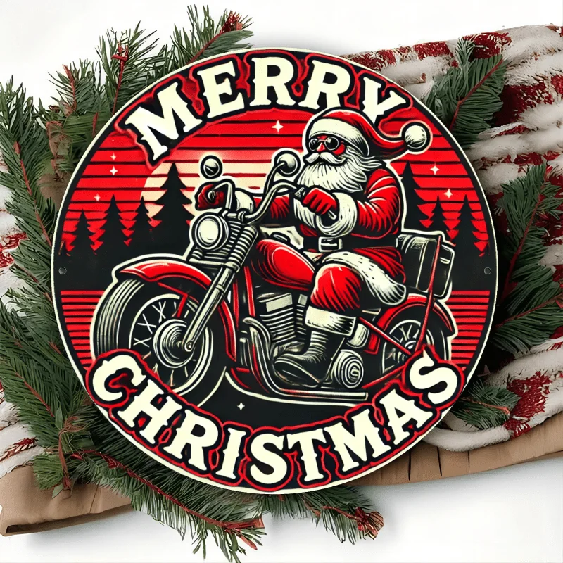 2D Flat - Vintage Christmas-Themed Motorcycle Wall Art. 8X8 Inches (20X20 Cm), 2D Round Aluminum Sign Metal Wall Plaque, Festive