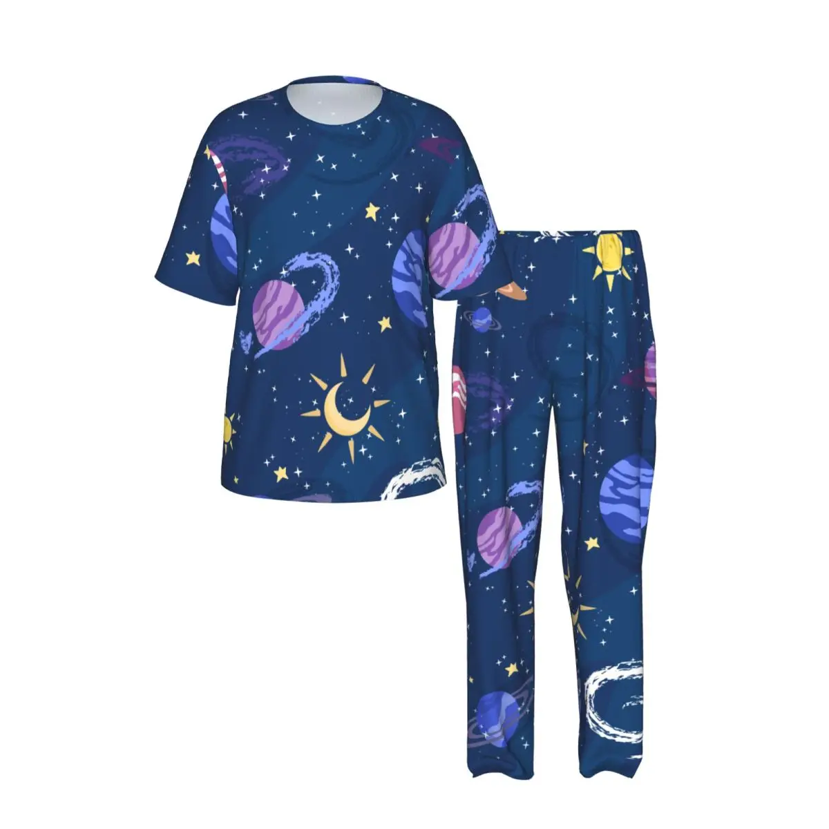 Sleepwear Summer Spring Home Clothes Hand Drawn Galaxy Short Sleeve Long Pant Nightwear