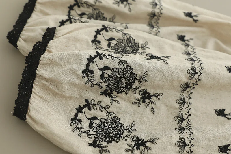 Vintage Ethnic Style Embroidery Cotton Linen Dress Women Autumn O-Neck Puff Long Sleeve Casual Loose Midi Boho Dresses