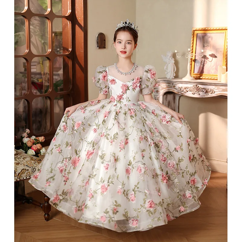 Children\'s Princess Evening Gown Fashionable flower Printed pearl Design Wedding Birthday Baptism Easter Eid Party Girls Dresses