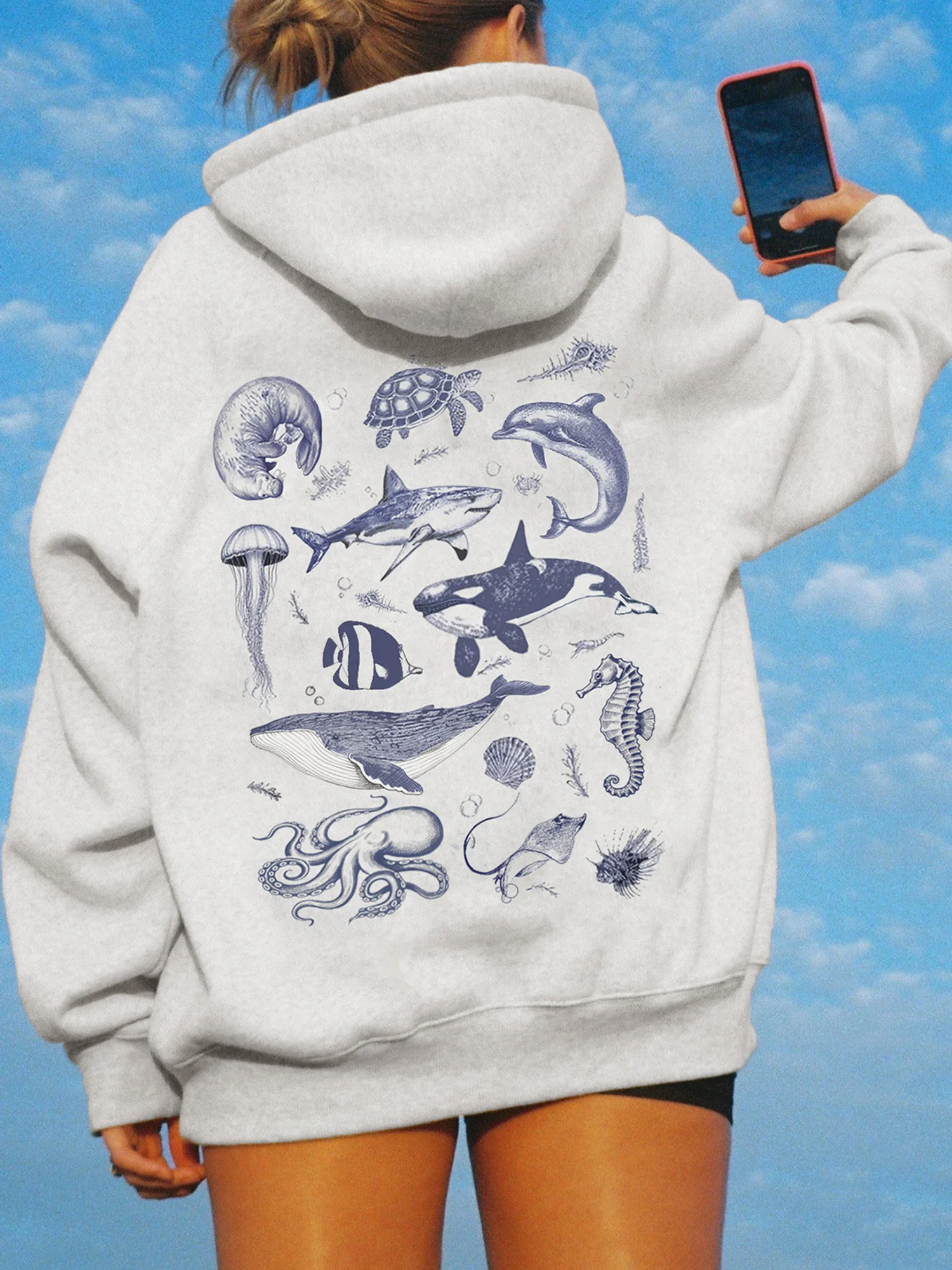 سويت شيرت نسائي كبير الحجم بغطاء للرأس، بلوفر أنيق بطباعة المحيط بأكمام طويلة لملابس الشاطئ والراحة اليومية في الخريف