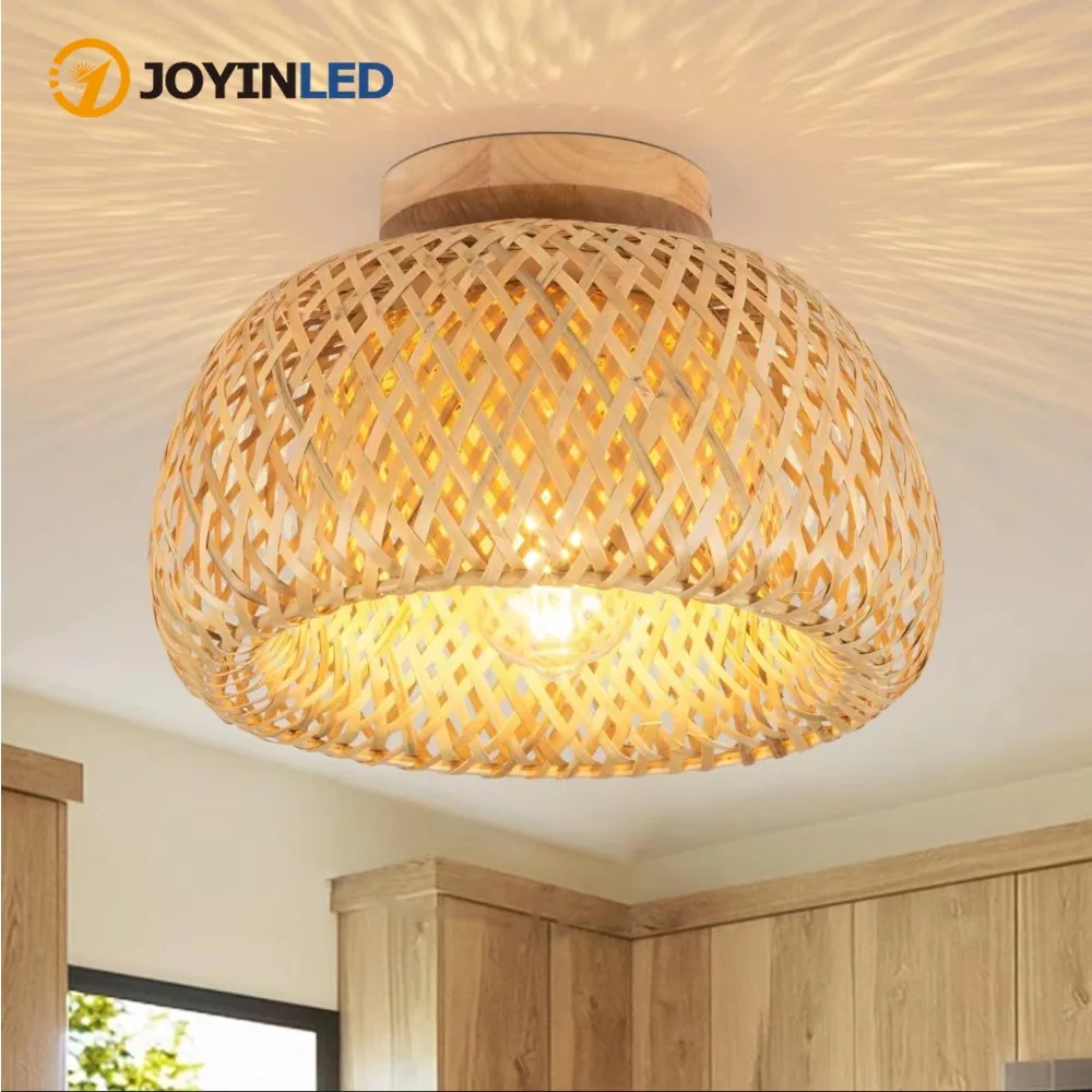 JOYINLED Rattan Ceiling Light Pendant Lamp Shade Chinese Style Circular Handmade Retro Light Fixture Living Room Restaurant