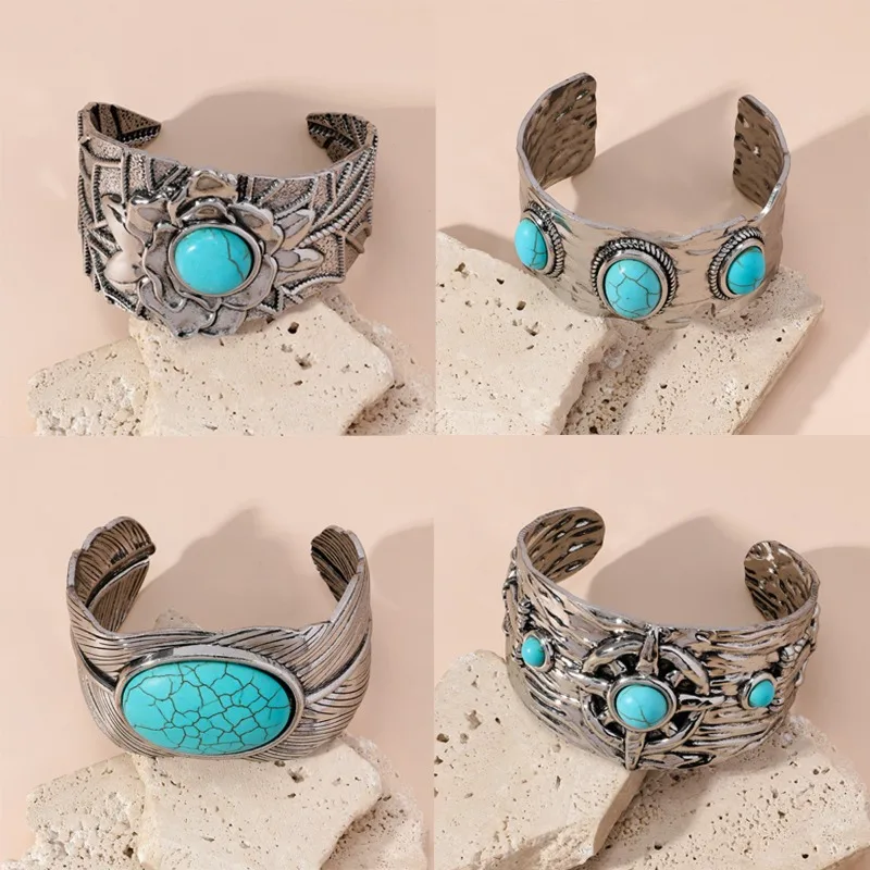 2024 New Vintage Ethnic Style Inlaid Turquoise Bangles For Women Man Bracelet Jewelry Elegant Wide Carving Vintage Bohemian