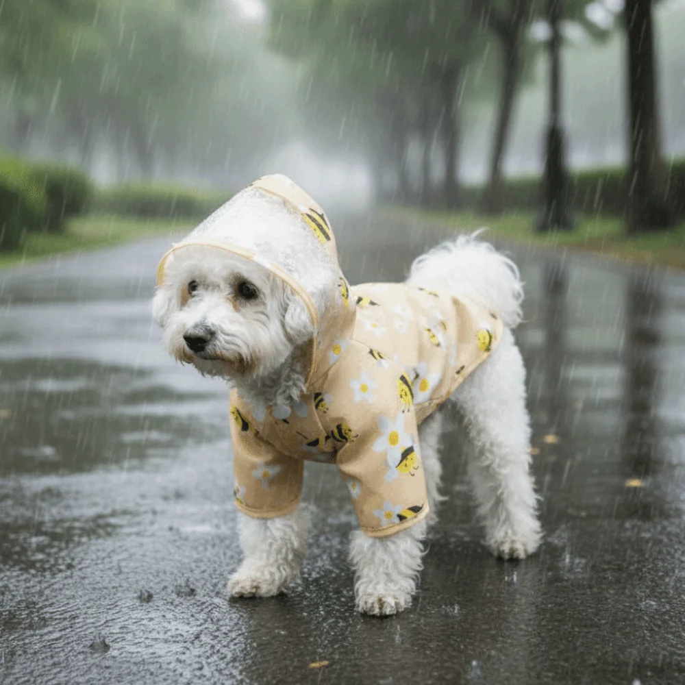 Niedlicher Cartoon-Bienen-Print Hunde-Regenmantel mit Kapuze Leichter Dünner PVC Welpen-Regenponcho mit D-Ring Wasserdichter Haustier-Umhang für Draußen