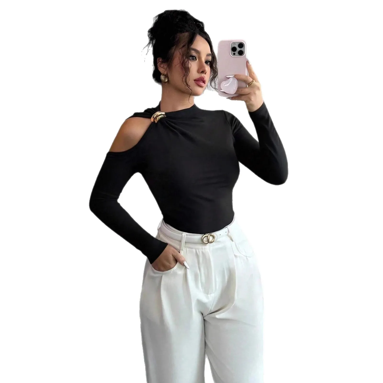 2026 Spring New Asymmetrical Collar Single Side Off-the-shoulder Metal Decoration Slim-fitting and Thin Top Cw08175