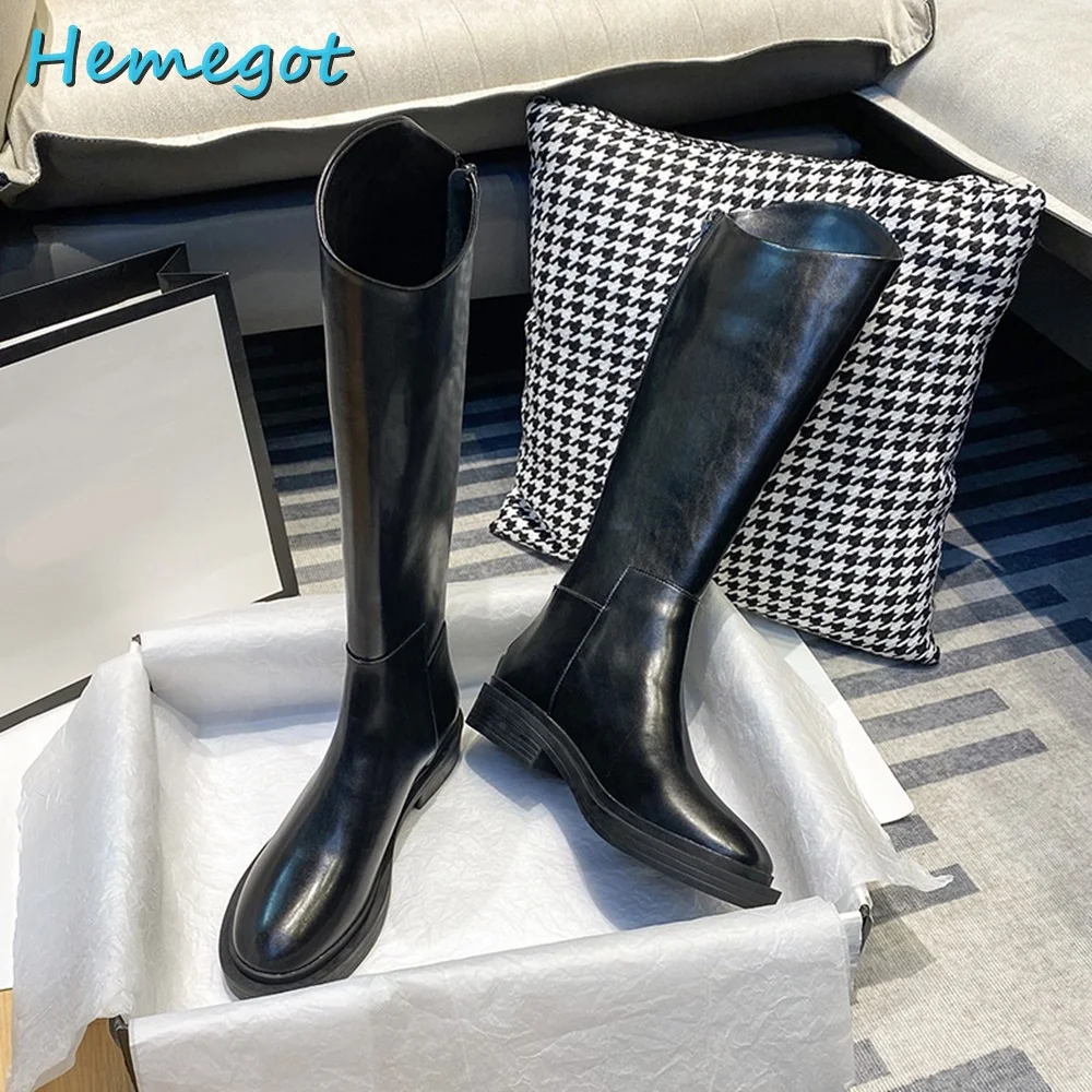 

New Round Toe Matte Leather Knight Boots Slip On Block Heel Black Solid Knee High Women Long Boots 2022 Autumn Winter Fashion