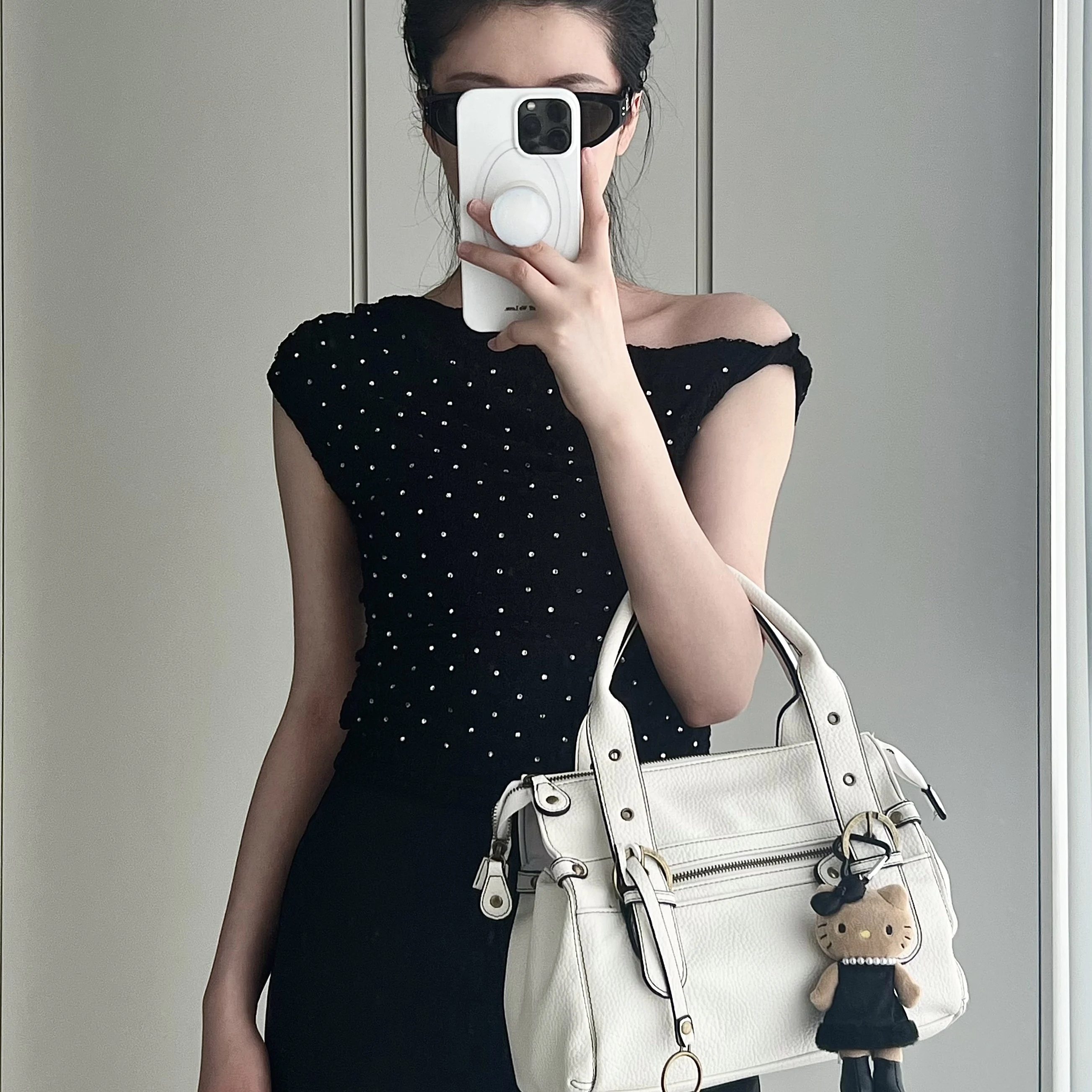 Retro Litchi Pattern Biker Bag Casual Versatile Handbag Weathered Underarm Bag Unisex Shoulder Bag Zipper Closure Messenger Bag