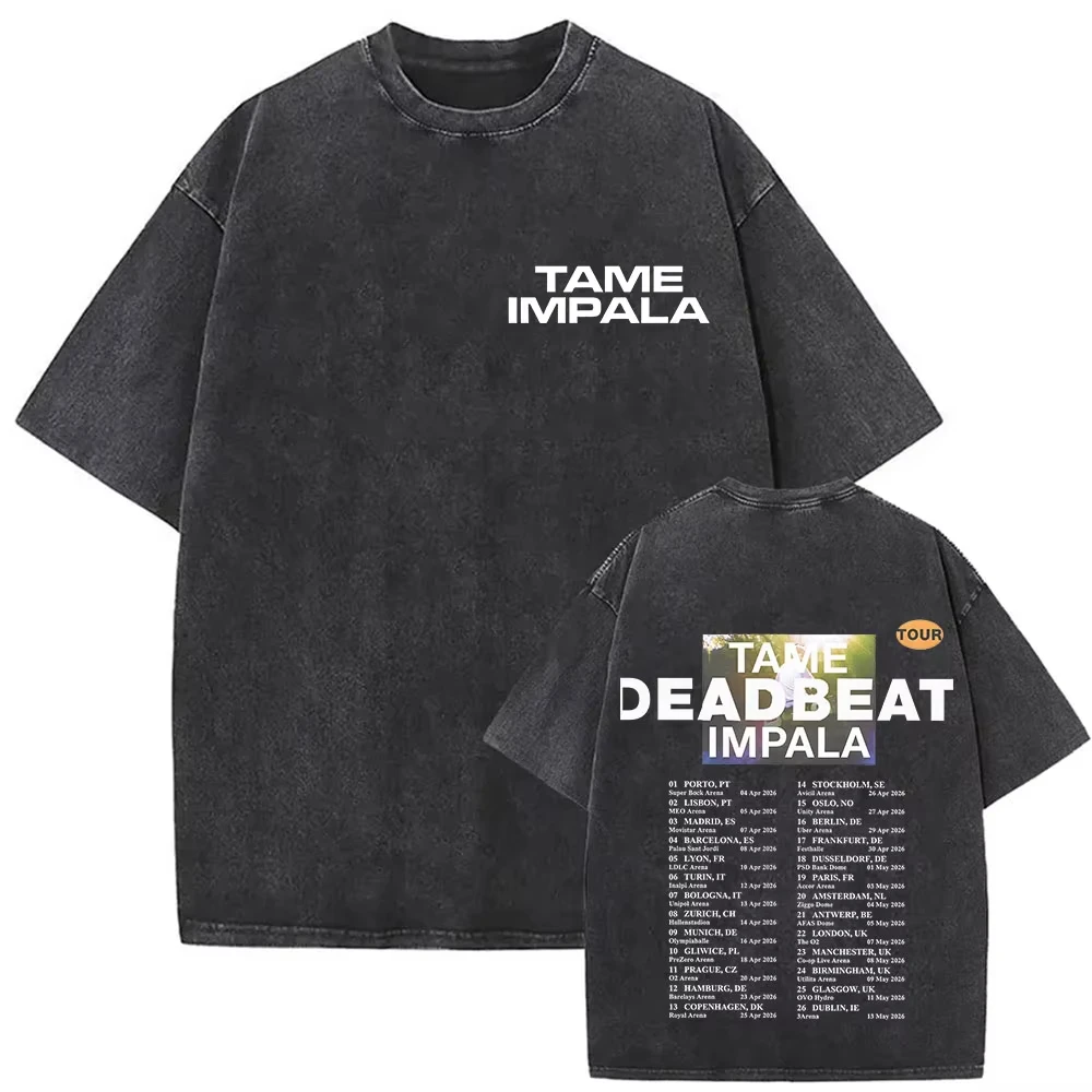Tame Impala Deadbeat Tour 2026 Vintage Washed T-shirt Mens Hip Hop Oversized Short Sleeve T Shirts Casual O-Neck Cotton T Shirts