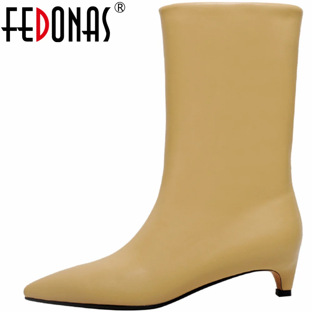 FEDONAS Concise Women Mid-Calf Boots Office Lady Working Genuine Leather Shoes Woman Pointed Toe Thin Heels Mature Autumn Winter