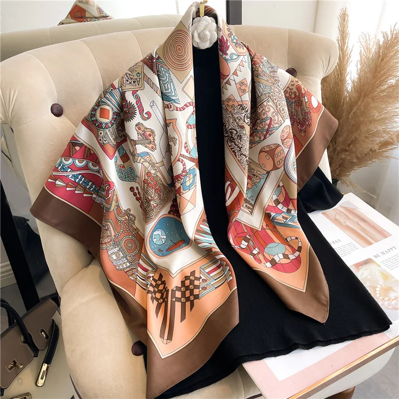 New Silk Scarf Women Luxury Design 90*90cm Soft Muslim Headband Beach Print Shawl Hijab Wraps Bandana Tie Bag Headbands Hairband