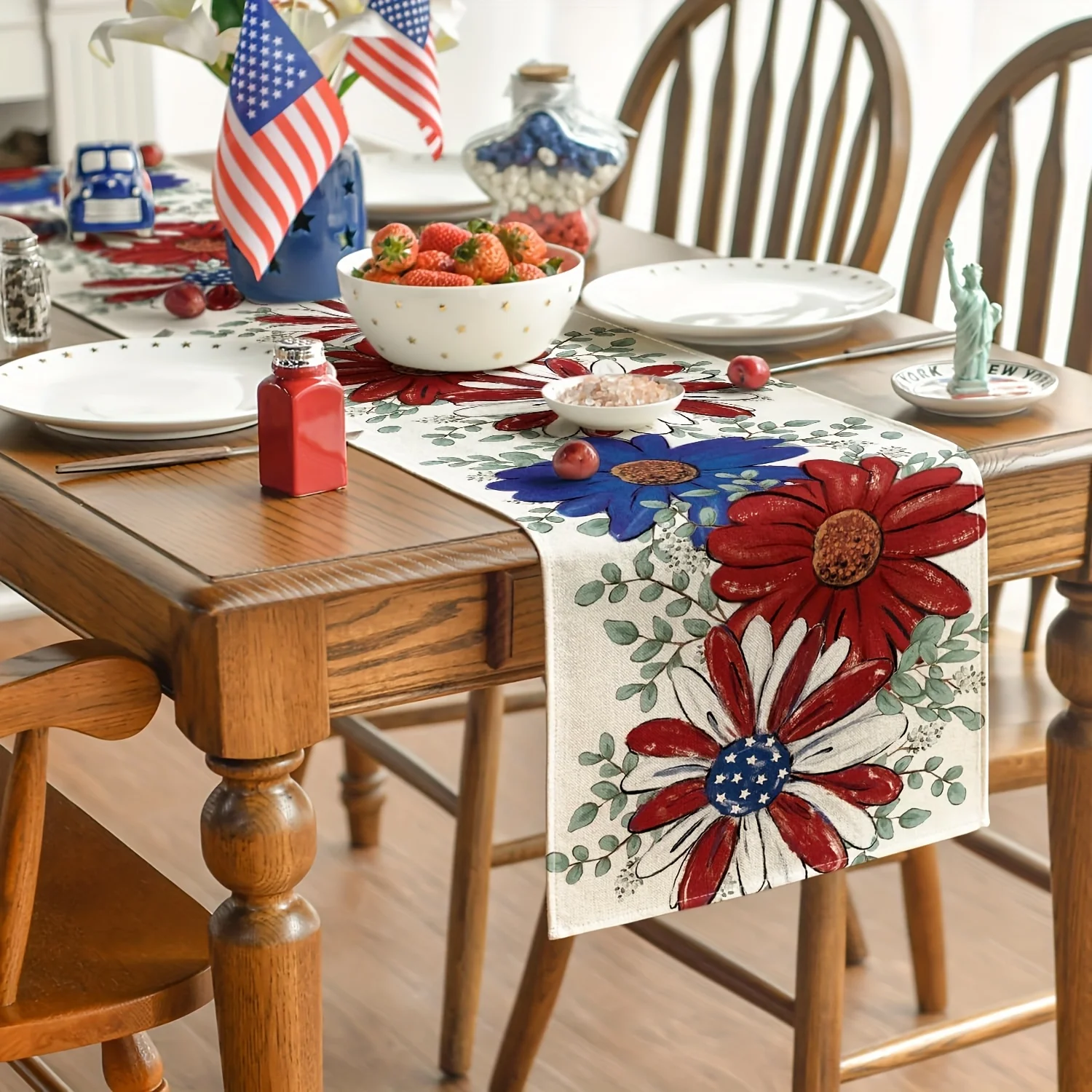 Patriotic Independence Day Eucalyptus Daisy Sunflower Table Runner, Kitchen & Dining Table Decor, Home Party Table Runner