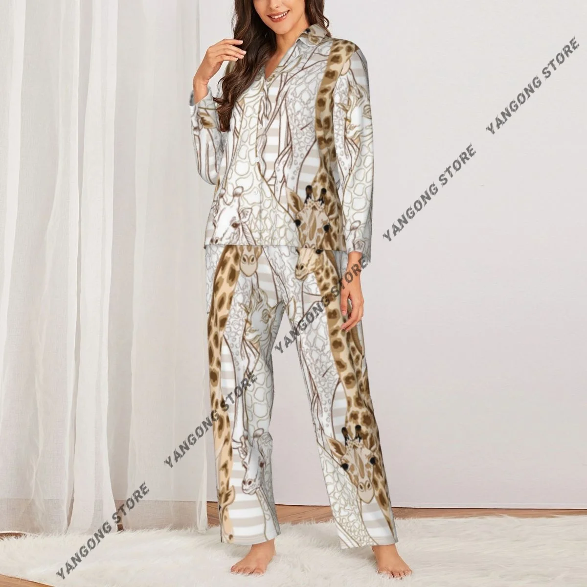 Spring and Autumn Long Sleeve Pants Pajamas Loungewear Set Giraffe Illustration Women's Pull Edge Loose Sleeping Suit