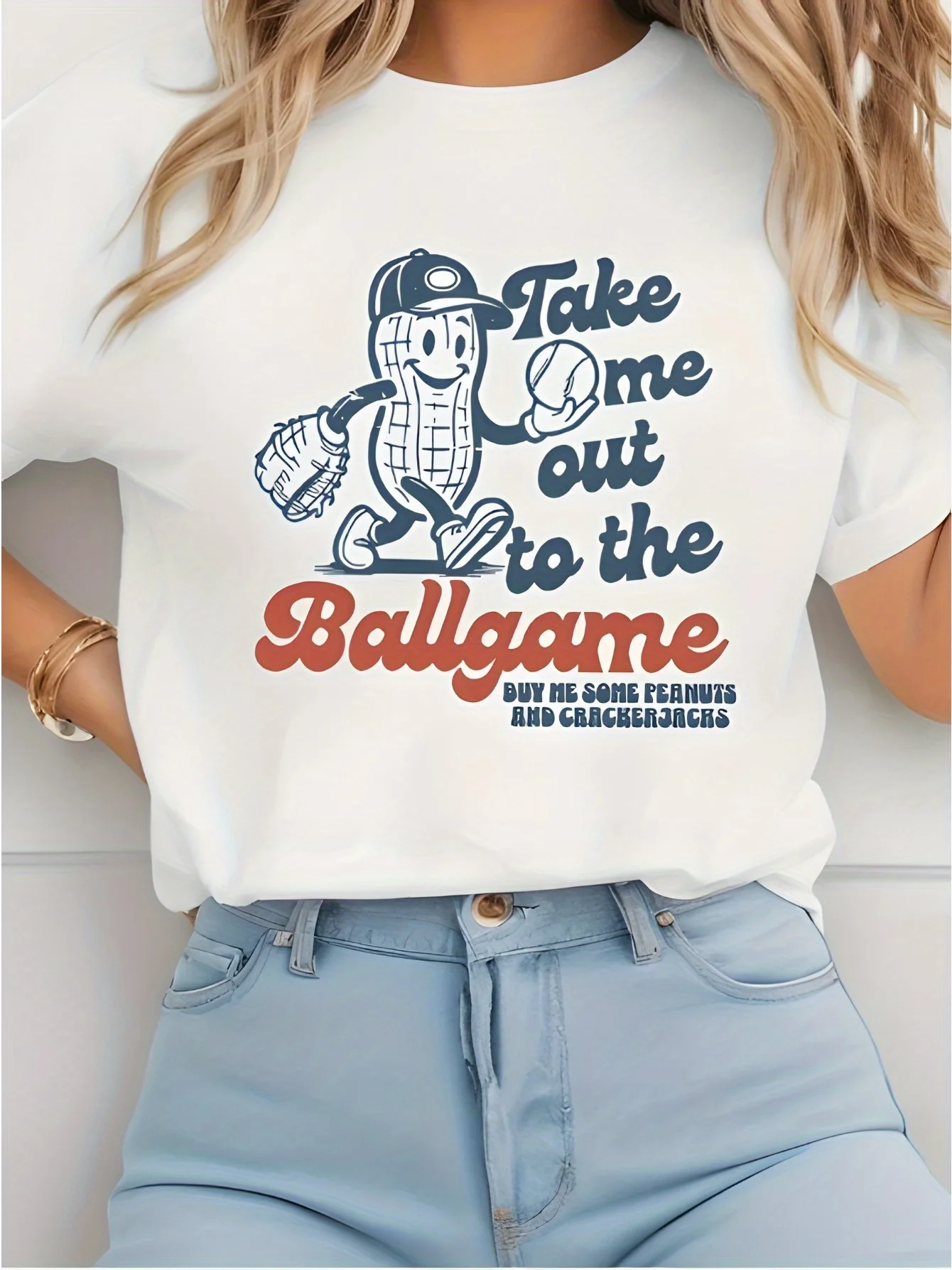 

Женская повседневная футболка с круглым вырезом и надписью «Take Me To The Baseball Field» с принтом арахиса, летняя одежда с короткими рукавами
