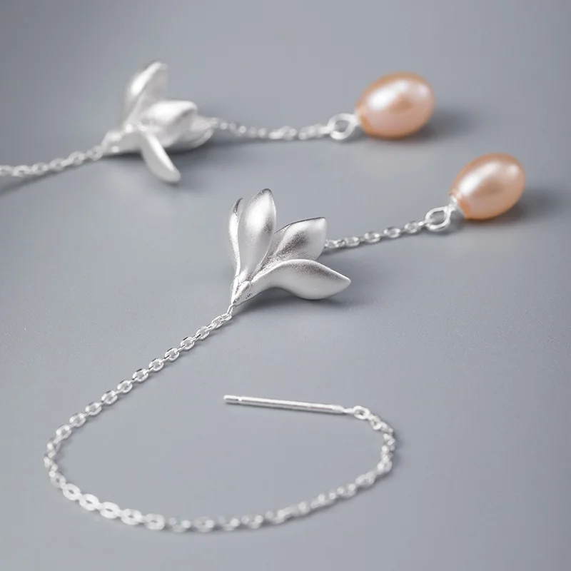 

Классические женские серьги с розовым жемчугом, нить для ушей с кисточками для пирсинга ушей, серьги с цветком магнолии, изысканное серебро S925