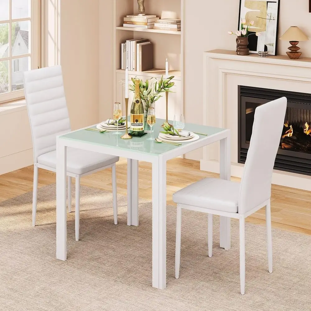 3 Piece Glass Dining Table Set, Kitchen and Chairs or 2, PU Leather ern Room Sets or Home, Kitchen, Living Room