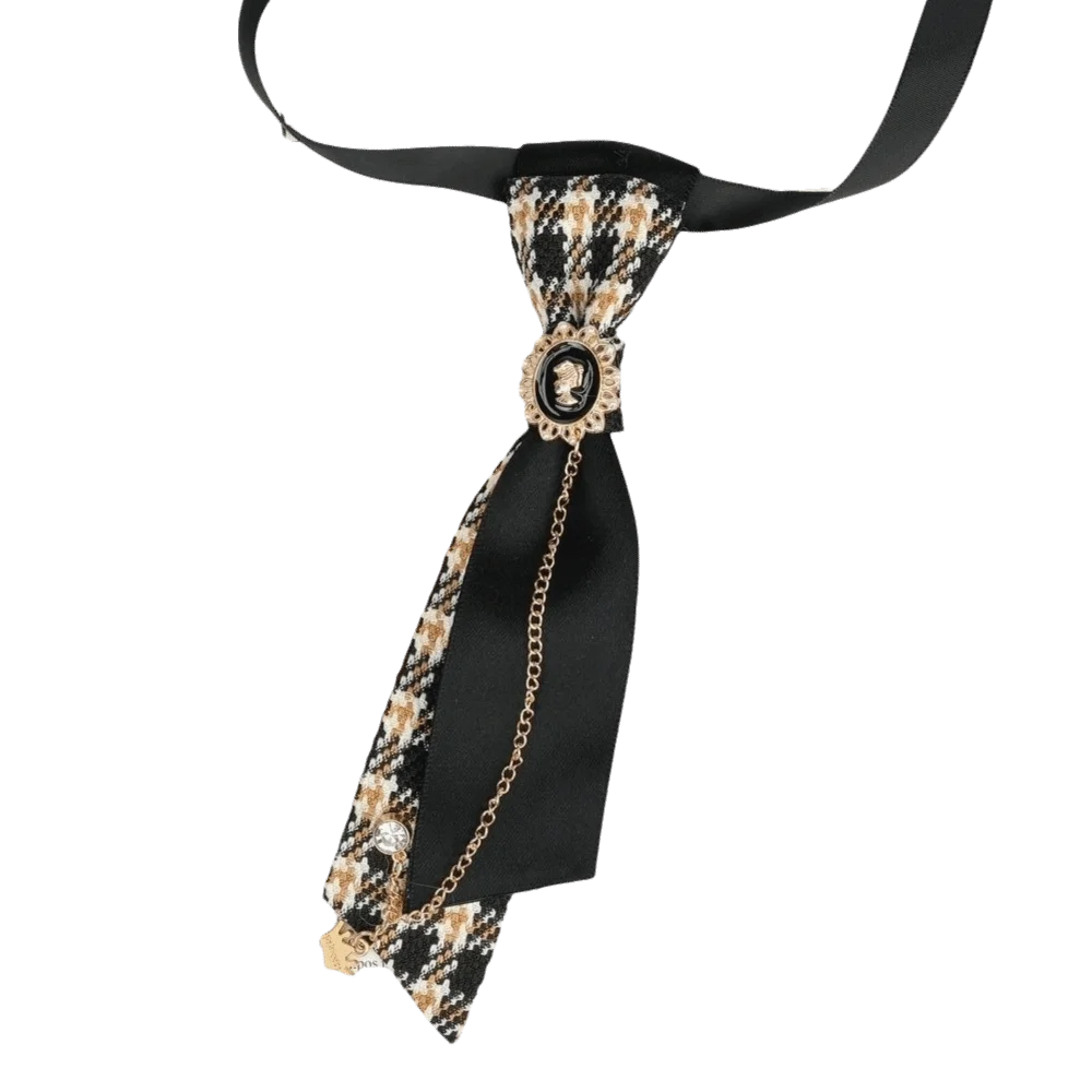 Y2K Preppy Necktie Rhinestone Chain Oval Plaid Bow Tie Adjustable Strap Multiple Colors Decorative Neck Tie