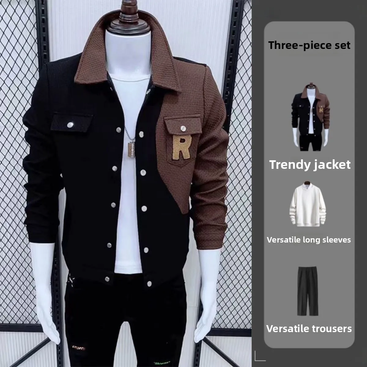 

Casual Contrast Color Design Men's Jacket Collar Coat Autumn Winter Long Sleeve Youth Fashion Set Three Pieces Color Block Style