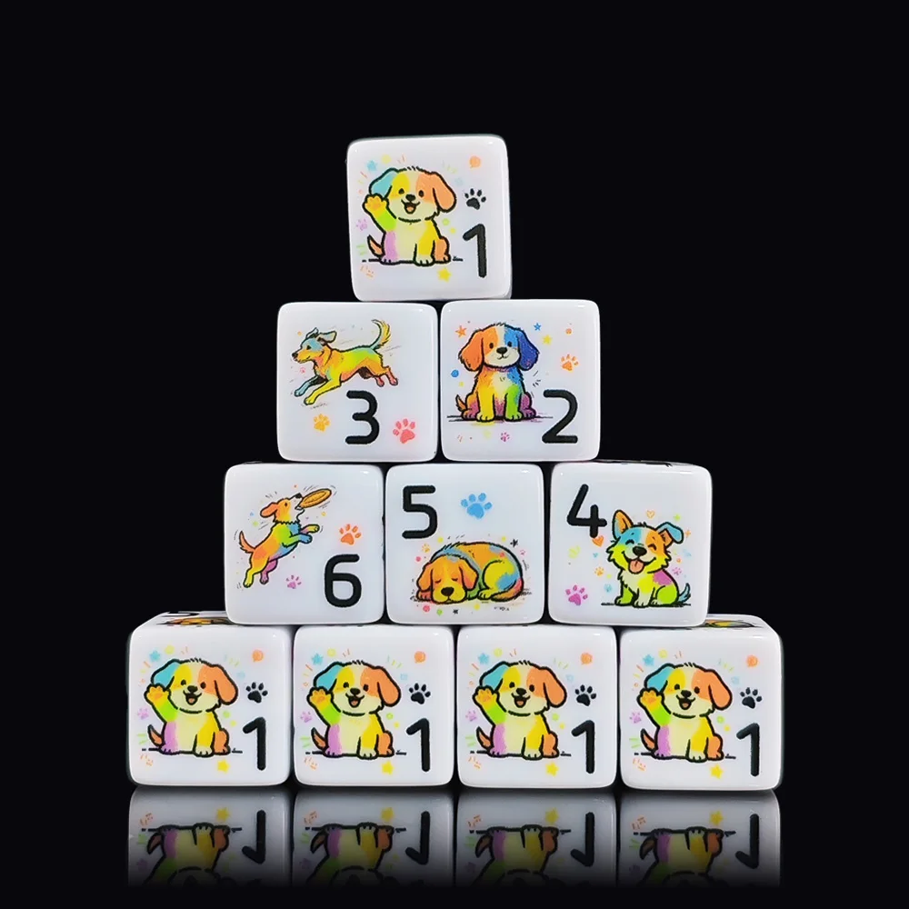 12Pcs 16MM D6 Cute Rainbow Puppy Printed White Acrylic Six Sided Dice Set DND D&D MTG TRPG Fantasy Tabletop Role Playing Game Ac