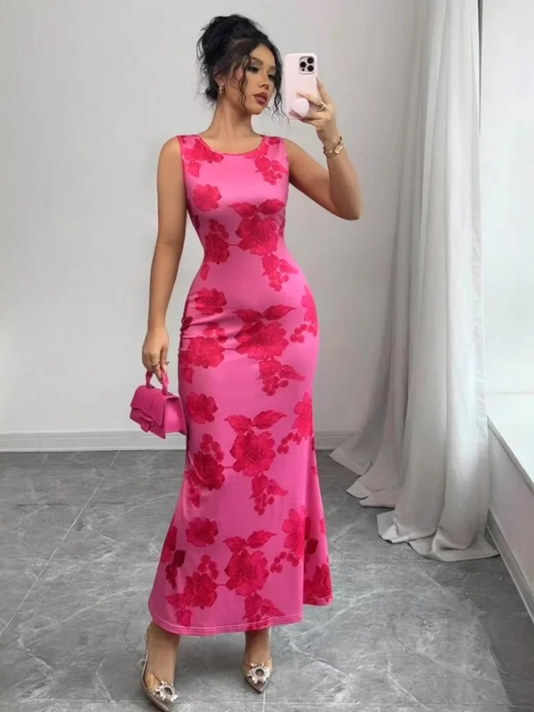 Three Sisters Summer New Fashion Luxury Sexy Holiday Party Prom Woman Clothing Print Sleeveless Round Neck Red Long Dress 2025