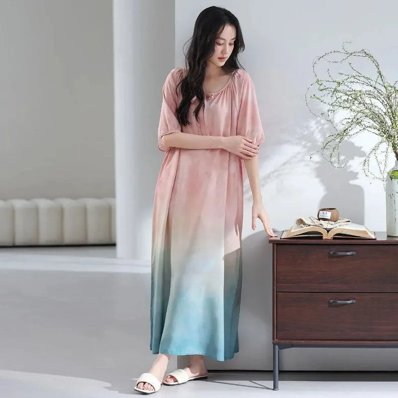 Women Gradient Color Short Sleeve Nightgown Soft Cotton Casual Loose Long Loungewear Dress Wearable Outdoors