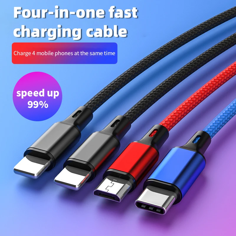 1.2M Double Type C 4 in 1 USB Charger Cable Charging Cord Multiple Ports Charging Cable Micro USB TypeC Connector for Cellphones