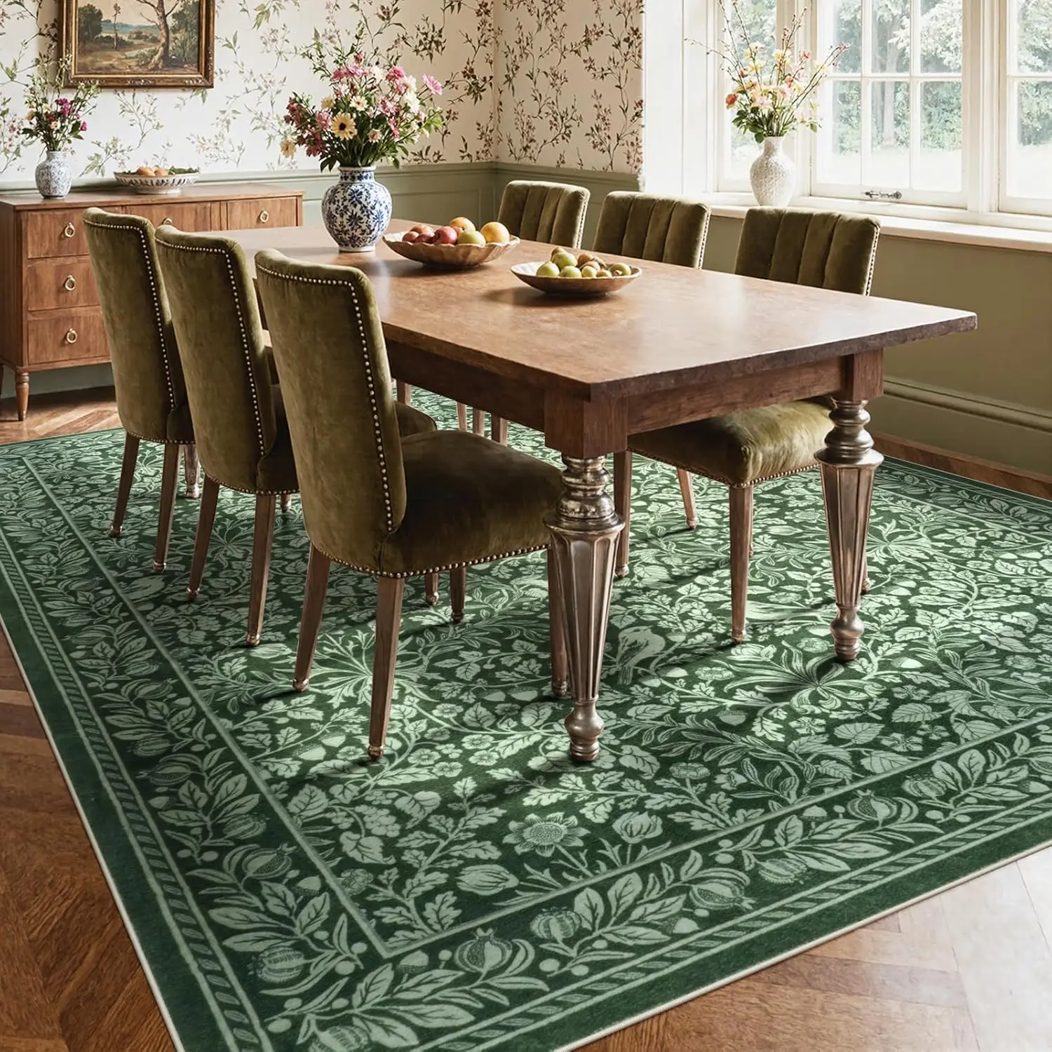Green Area Rugs for Living Room, Vintage Floral Non-Slip Washable Rugs, Farmhouse Botanical Birds Nature Pattern Large Area view 5
