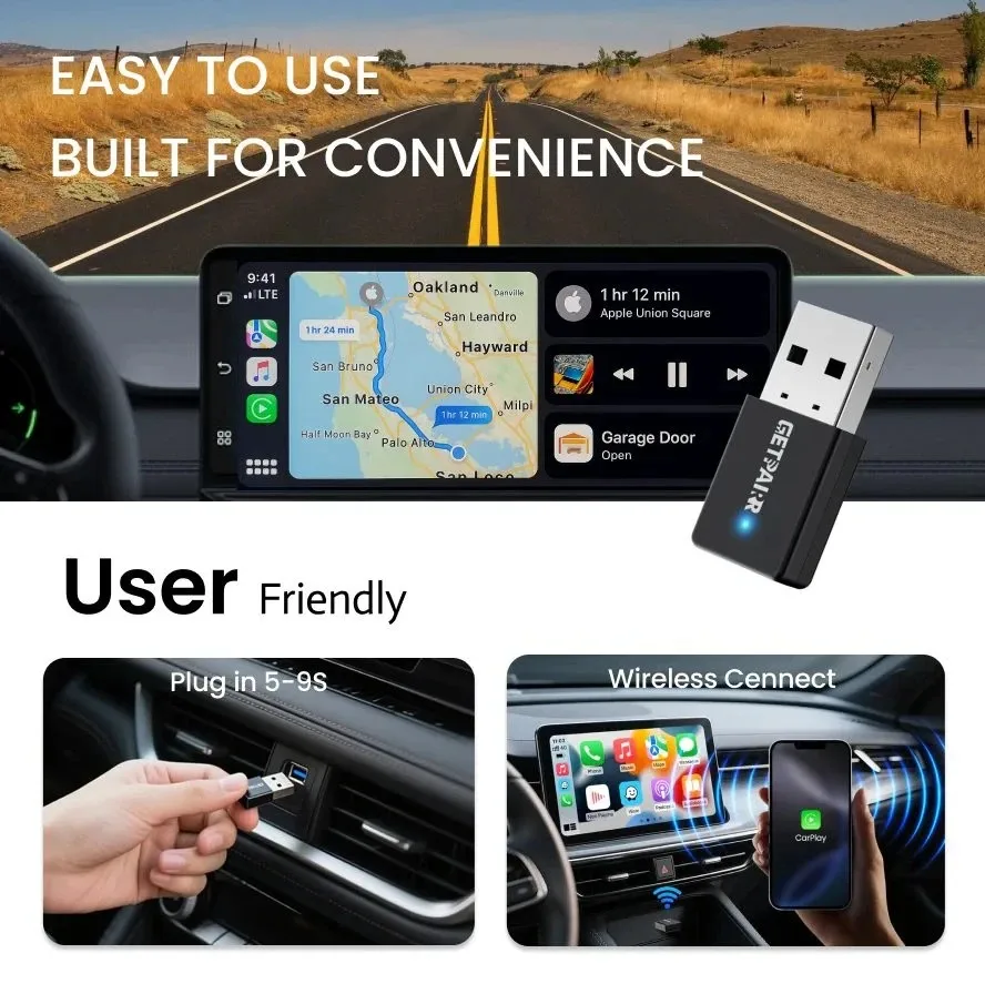 Adapter GetPairr Ultra Mini Wireless CarPlay Android Auto Plug And Play WiFi Szybkie Połączenie Uniwersalny Do Samochodów z Przewodowym CarPlay