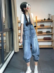 Loose Korean Style Women's Summer Vest Workwear Denim Overalls High Waist Washed Light Color Long Pants Fashionable Youthful
