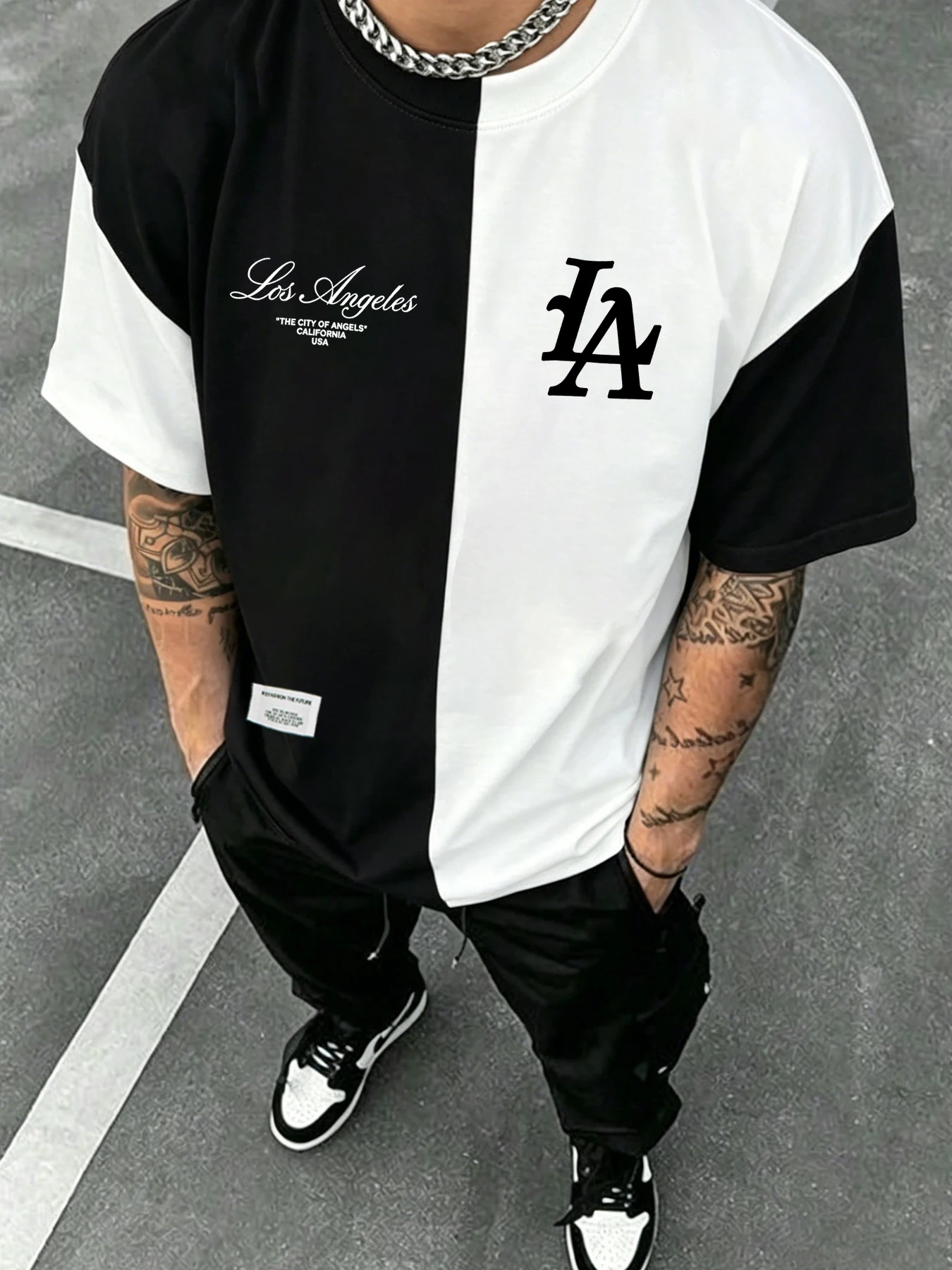 Men's Summer Color-Blocked Round-Neck T-Shirt: High-Street Style Letter Print, Loose-Fit, Versatile Casual Short-Sleeve
