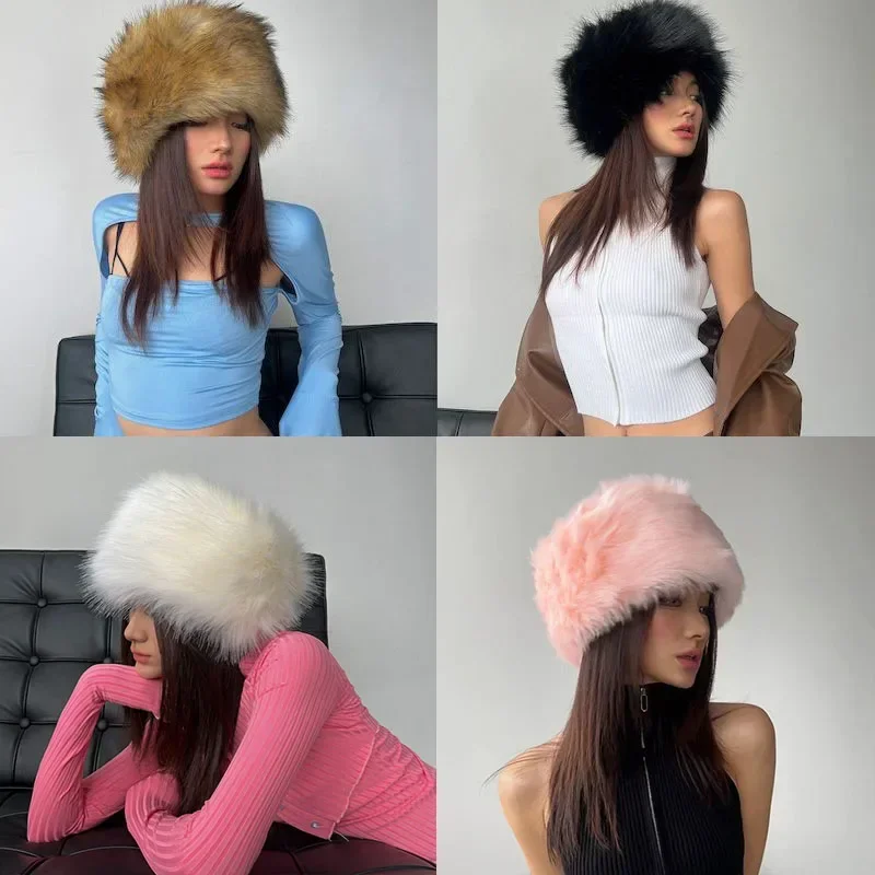 Women Winter Faux Fur Hat Cossack Russian Style Fuzzy Fluffy Cap Y2K 2000s Warm Hat for Female Outdoor Windproof and Frost Proof