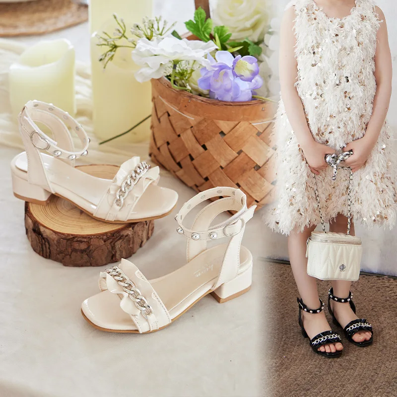 

New Girls Sandals Summer Kids Pearls Roman Shoes Black Open-toe Kids Fashion Girls Party Sandals Kids Fold Chain High Heels Chic