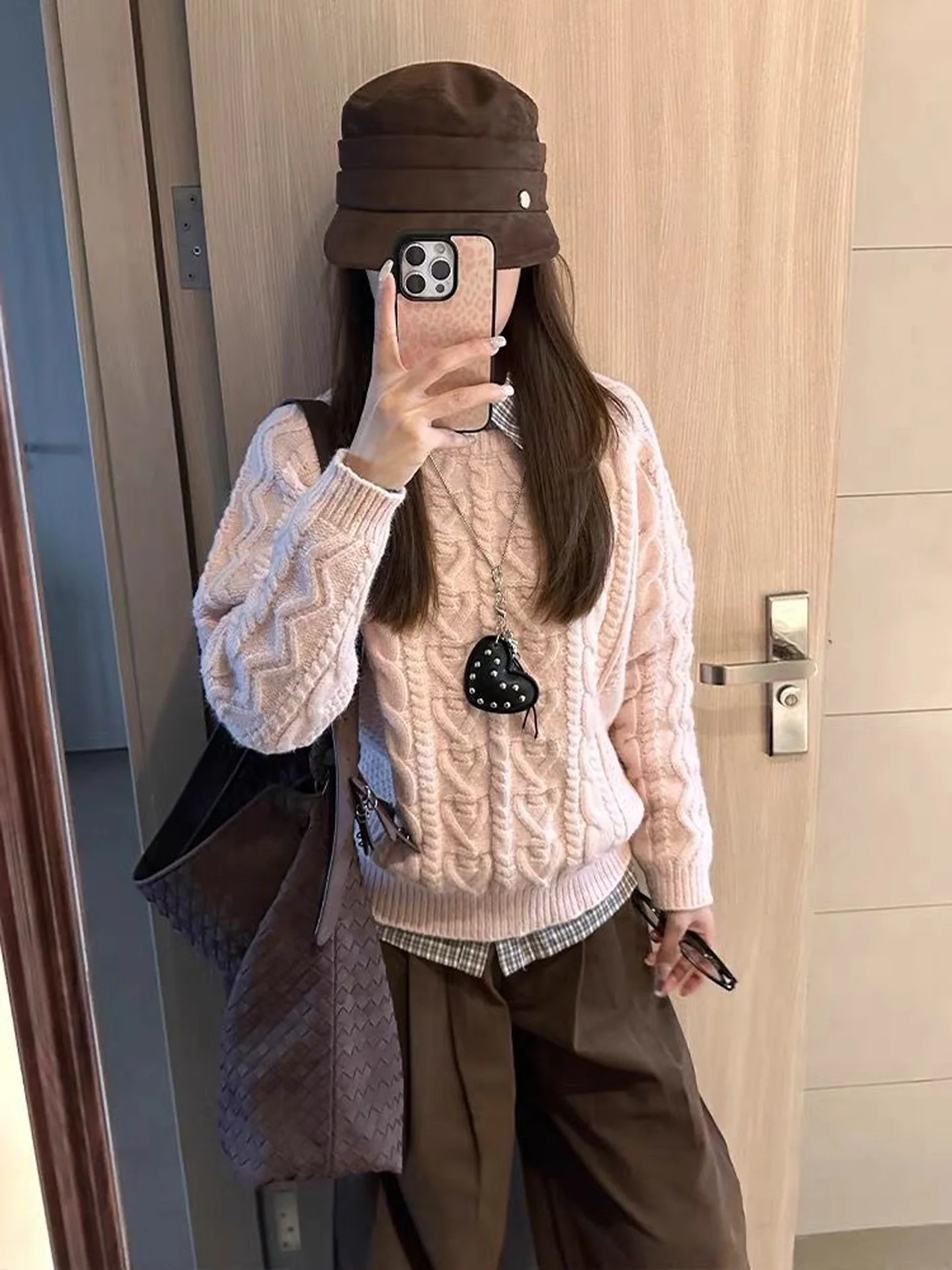 Pink Twisted Thickened round Neck Sweater Women's Autumn Winter Loose Knitted Soft Cozy Long Sleeve Casual Style Comfortable Top