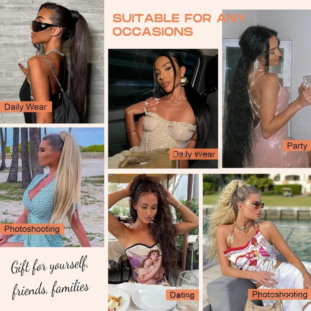 Tief gewelltes synthetisches Pferdeschwanzhaar für Frauen, Thermofaser-Pferdeschwanz, tief gewelltes Pferdeschwanzhaar, Ombre-Farbe, hitzebeständiges Faserhaar