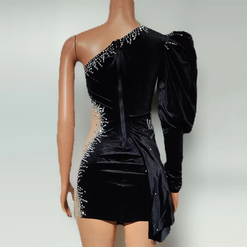 Mode Frauen Diamant Abend Party Kleider One Sleeve Schwarz Samt Prom Kleid Feiern Kleid Bar Bühne Jazz Kostüm XS9547