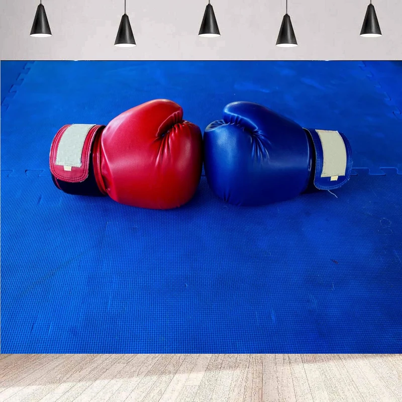 Boxing Gloves Photography Backdrop Pair of Red and Blue Boxing Gloves on Blue Wall Boxer Background Fight Sports Competition