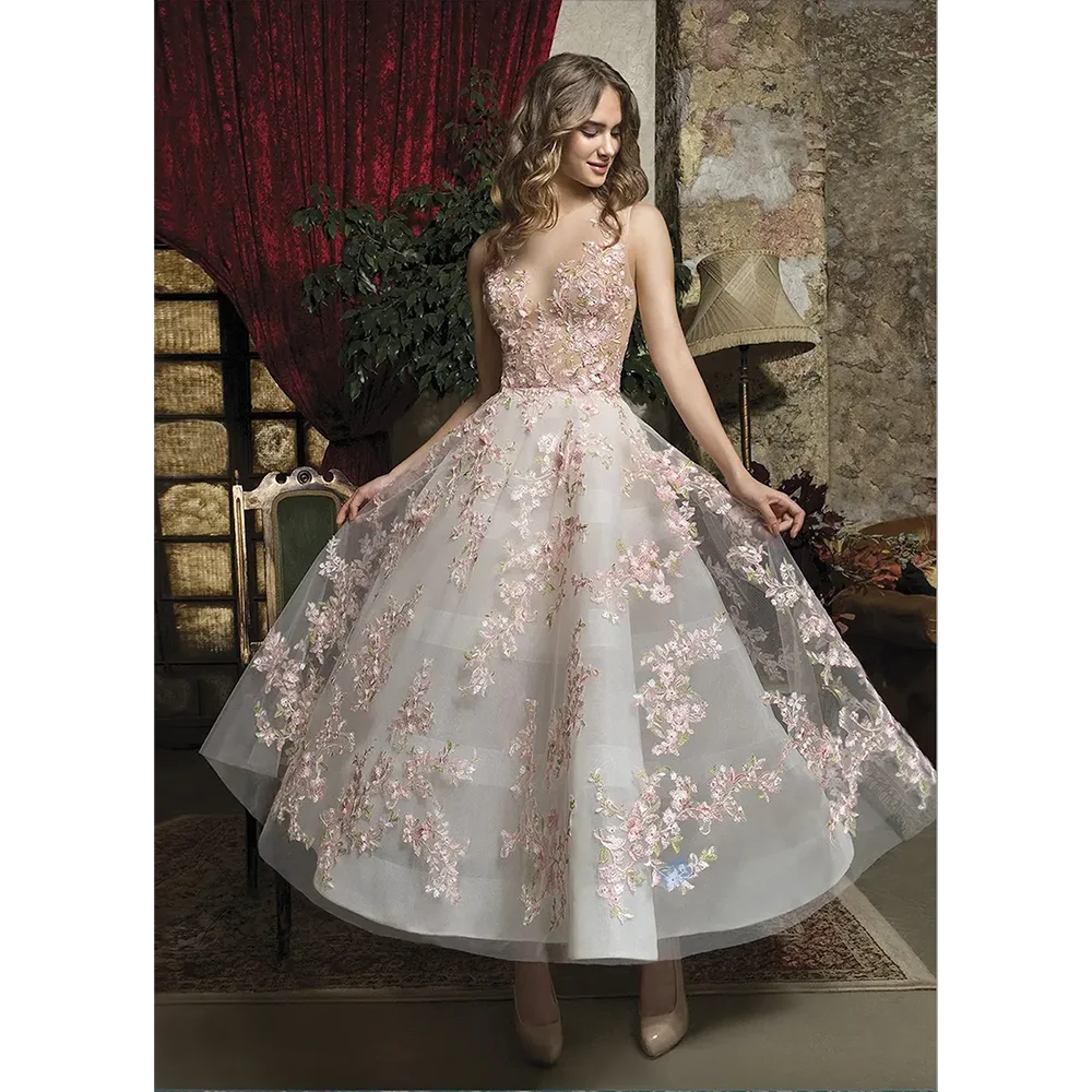 

2024 Florals Appliqued Sheer Jewel Neck A Line Short Formal Prom Dresse Buttons Back Ankle Length Homecoming Dress