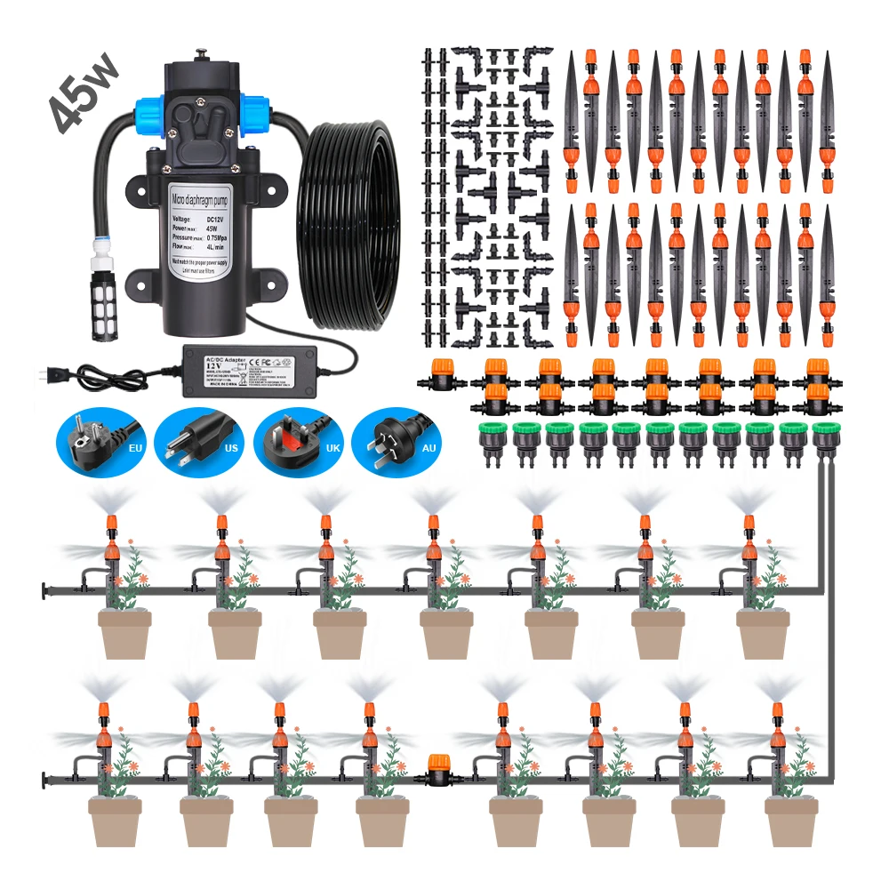 

45W Water Pressure Diaphragm Pump Irrigation System 2-IN-1 Misting Drip Sprinkler Self-priming Pump with 110-240V Power Supply