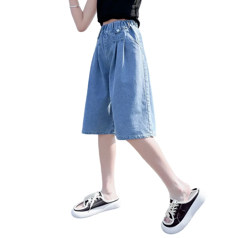 

Hot Sale Teens Girl Summer Denim Shorts Kids Fashion Loose Style Capris Jeans Pants Solid Blue Color Mid-Calf Shorts Age 5-14Y