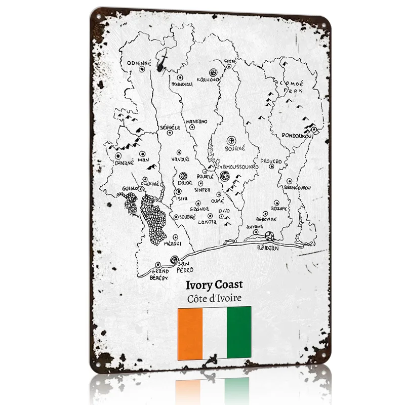 Handdrawn Ivory Coast Map Metal Poster Tin Sign Wall Art Home Decorations Customizable Metal Signs for Home Decoration Decor