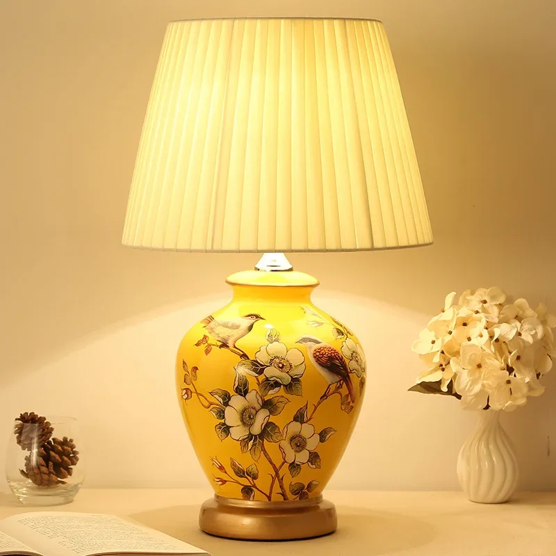 Chinese flower&bird ceramic Table Lamps Classic yellow body dimmer/touch fabric E27 LED lamp for bedside&foyer&studio WF1024