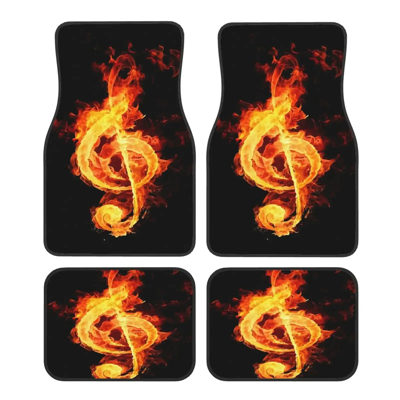 4pcs Set Flame Music Element Theme Crystal Velvet Printed Car Floor Mats Easy To Clean Interior Accessories Washable Suitable Fo