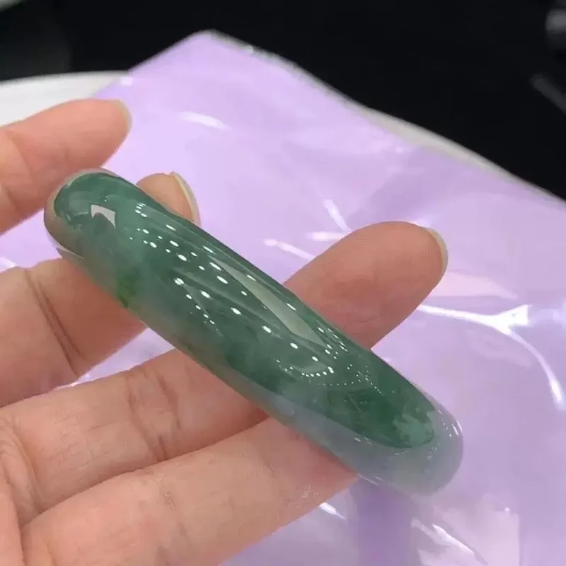 Natural Burmese Ice Jadeite Bracelet with Light Green Floating Flower Pattern, Semi-Mountain Semi-Water Jade Bangle